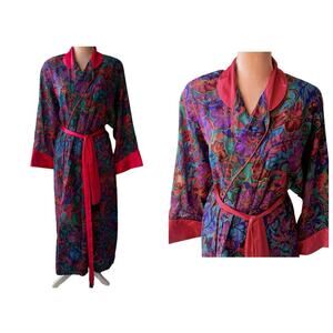 Vtg Victorias Secret Gold Label Paisley Long Robe Pink Satin Trim Fringe Glam S